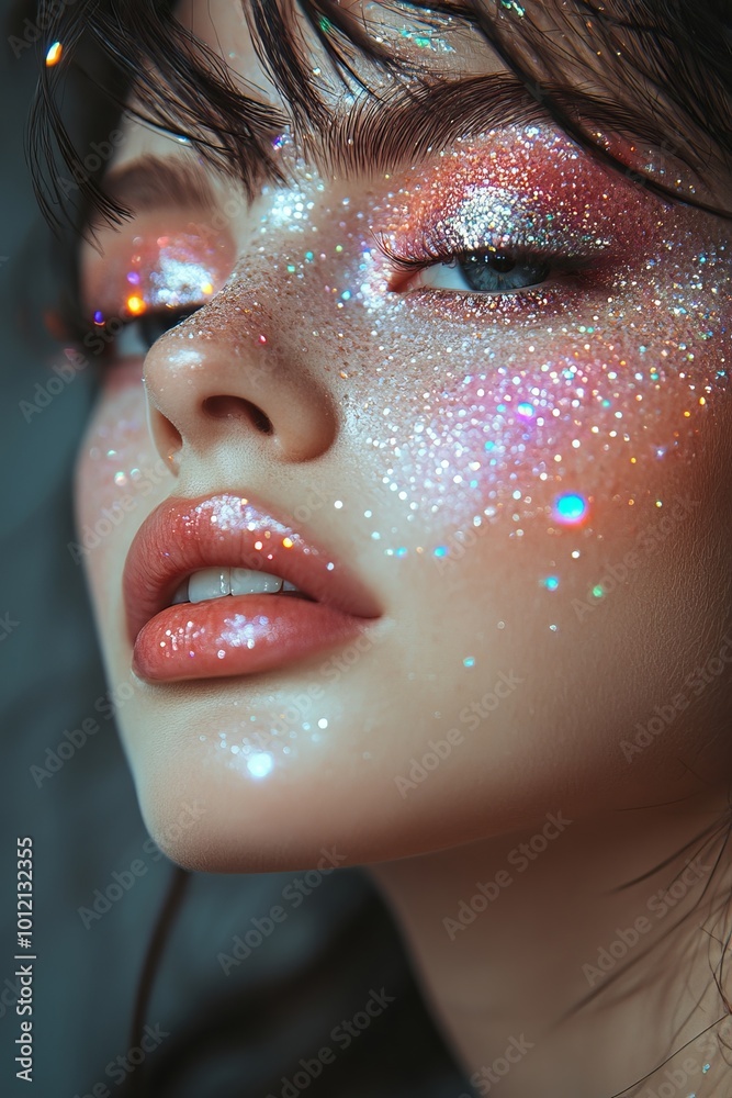 Vertical close up portrait of bald young woman wearing make up with silver gems looking away on metallic background, Generative AI Vertical close up portrait of bald young woman wearing make up with silver gems looking away on metallic background, Generative AI