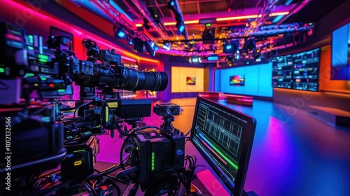 A modern television studio with vibrant lighting and professional equipment for broadcasting.
