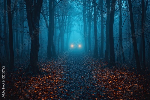 Foggy dark forest with a path in the middle. Halloween background