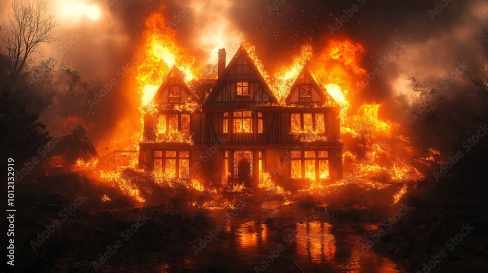 Massive fire engulfing an abandoned Tudor-style mansion at night with intense flames and dark smoke filling the sky Massive fire engulfing an abandoned Tudor-style mansion at night with intense flames and dark smoke filling the sky