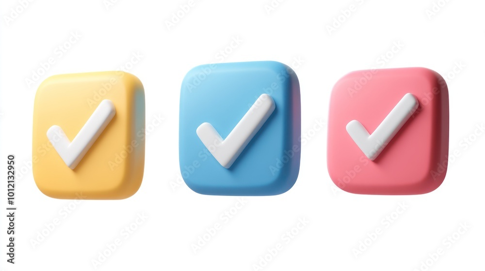 Three colorful checkmark buttons in yellow, blue, and pink, symbolizing task completion. Three colorful checkmark buttons in yellow, blue, and pink, symbolizing task completion.