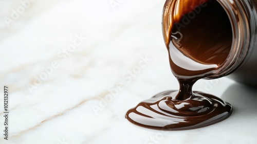 Rich, velvety chocolate sauce flows enticingly from a glass jar onto a marble surface, showcasing its decadent texture and luxurious deep brown color. photo