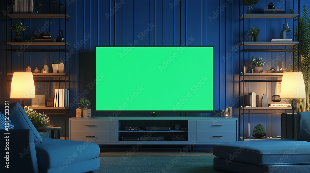 Modern Living Room with Green Screen TV in Cozy Ambient Lighting Modern Living Room with Green Screen TV in Cozy Ambient Lighting