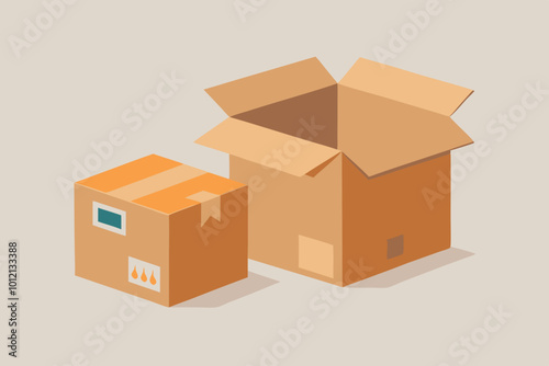 Carton delivery packaging open and closed box with fragile signs. Cardboard box mockup set. stock vector illustration  photo