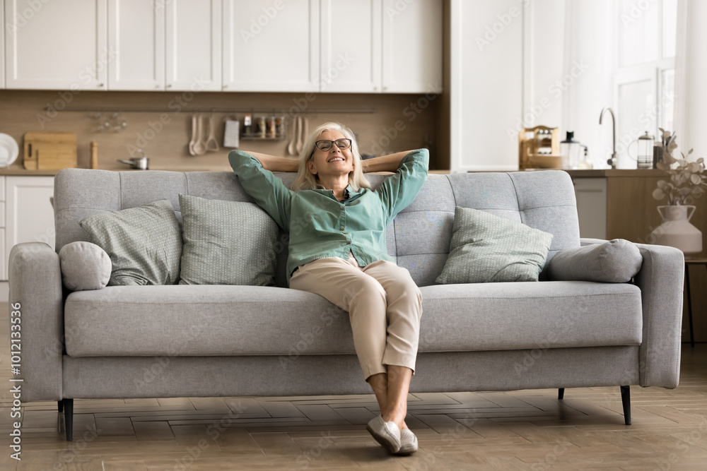 Elderly woman sits comfortably on gray sofa in well-lit, modern living room, enjoy relaxation feeling contentment, relish moment of peace and repose at home. Stress-free, leisure, healthy daytime rest Elderly woman sits comfortably on gray sofa in well-lit, modern living room, enjoy relaxation feeling contentment, relish moment of peace and repose at home. Stress-free, leisure, healthy daytime rest