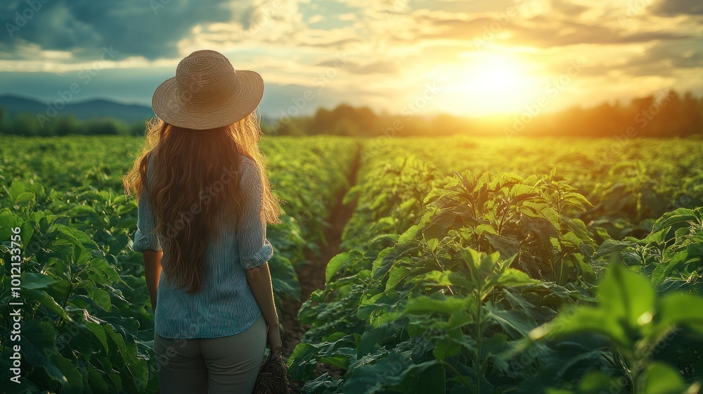 Fototapeta premium A young woman with long hair and a straw hat walks through a field of green plants towards the setting sun.