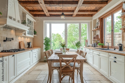 Home kitchen interior with cooking cabinet, dining table and panoramic window, Generative AI