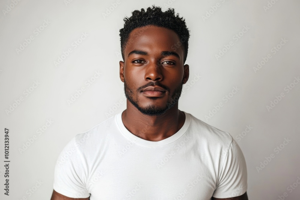 Fototapeta premium Minimal portrait of handsome black man posing in studio against white background, Generative AI