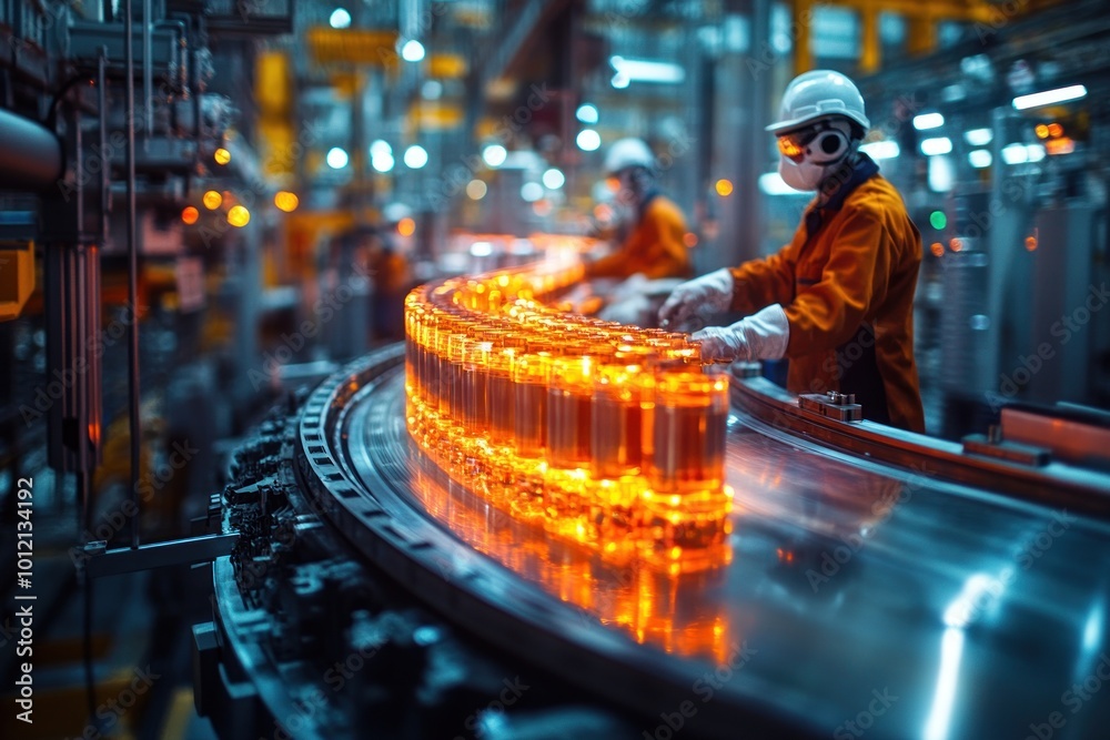 Workers in a factory setting oversee a production line of glass bottles being filled. Workers in a factory setting oversee a production line of glass bottles being filled.