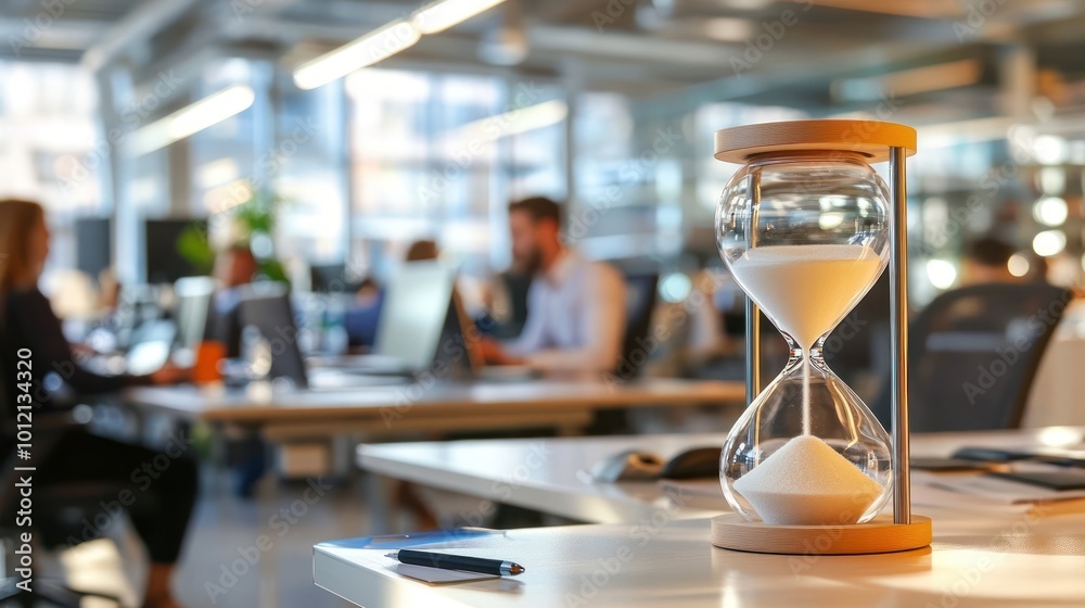 An hourglass stands in a modern office with people working in the background. An hourglass stands in a modern office with people working in the background.