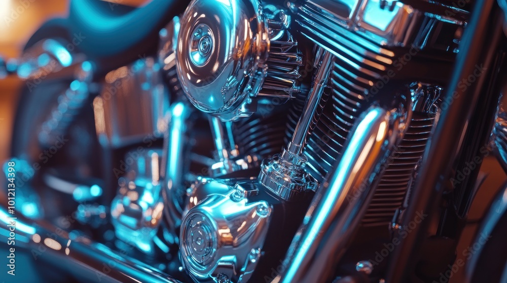 Fototapeta premium Close-up of a polished motorcycle engine showcasing intricate metalwork and design.