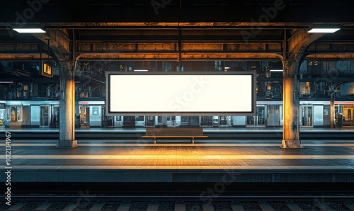 Empty train station platform at night with illuminated billboard, Generative AI photo