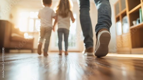 A family walks together in a sunlit home, capturing moments of togetherness and warmth, symbolizing family bonds, simple living, and the joy of shared experiences.