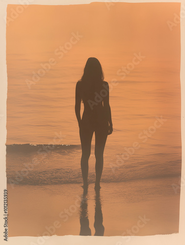 silhouette of a woman with long hair, naked from the back to the beach or the sea