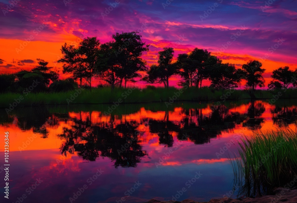 Obraz premium vibrant sunset reflections serene waterscape colorful sky calm water surface, clouds, lake, river, horizon, dusk, twilight, nature, landscape, scenery, light