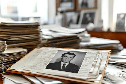 Close up of black and white identikit photo in folder with case files in detectives office, copy space, Generative AI