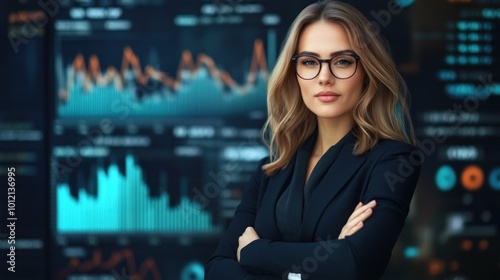 Professional woman in front of financial data displays, exuding confidence and expertise.