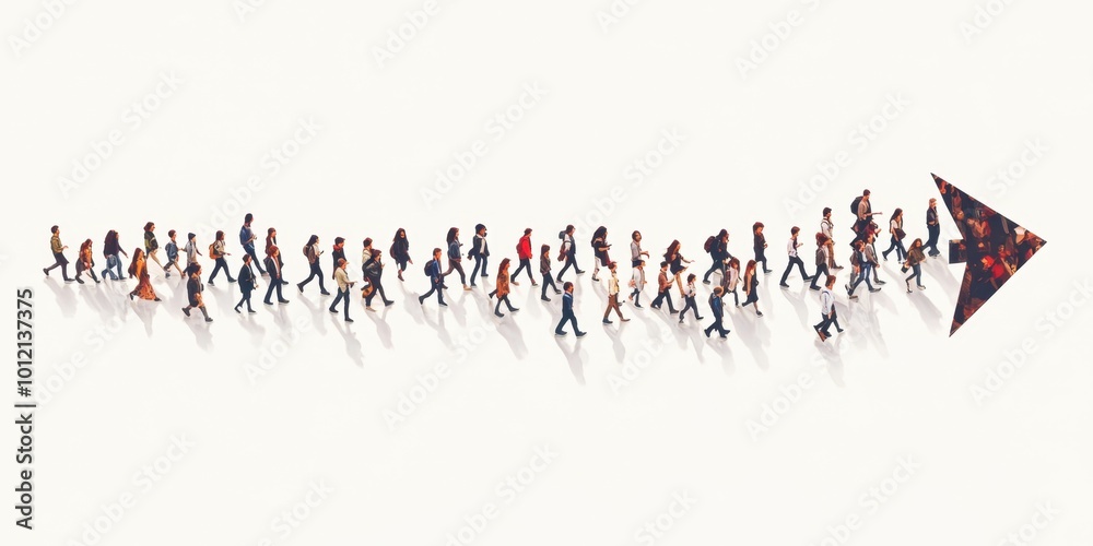 Fototapeta premium A large group of people walking in the shape of an arrow, illustration with a white background Generative AI