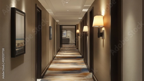 A well-lit hotel corridor featuring artwork and soft lighting.