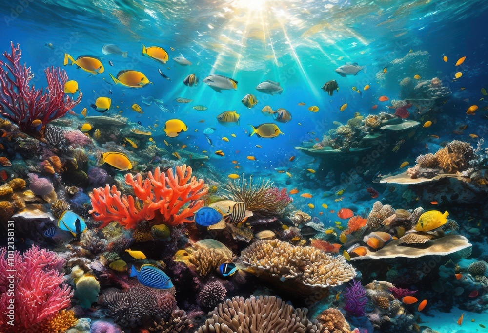 Obraz premium exploring serene underwater realm showcasing colorful marine life diverse ecosystems stunning clarity detail, ocean, coral, reef, fish, squid, dolphin