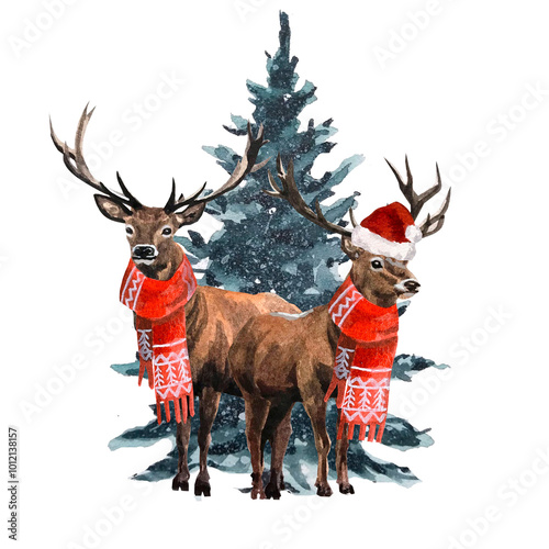 Hand drawn watercolor illustration of Deer and Christmas tree isolated on white background. Reindeer painting. photo