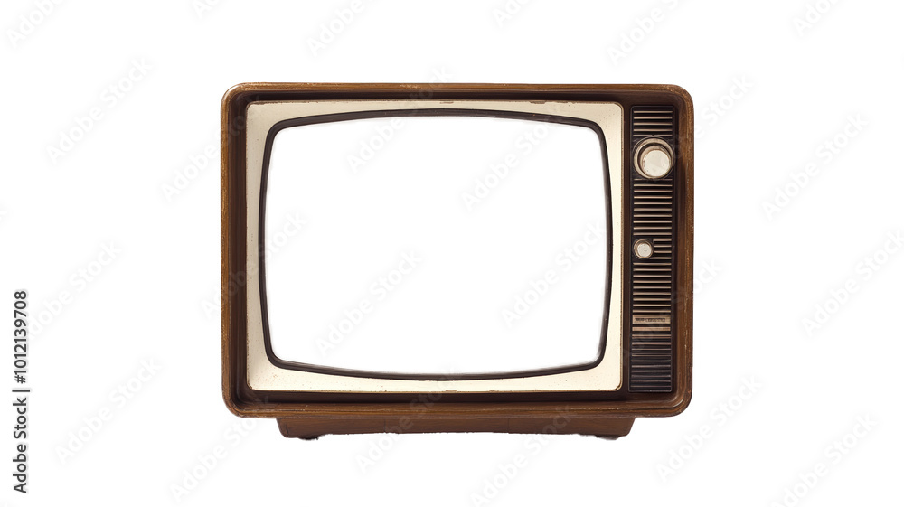 Vintage mid-century wooden television set with empty screen, retro design classic from the 1960s, isolated on white background, iconic home entertainment technology from the past.