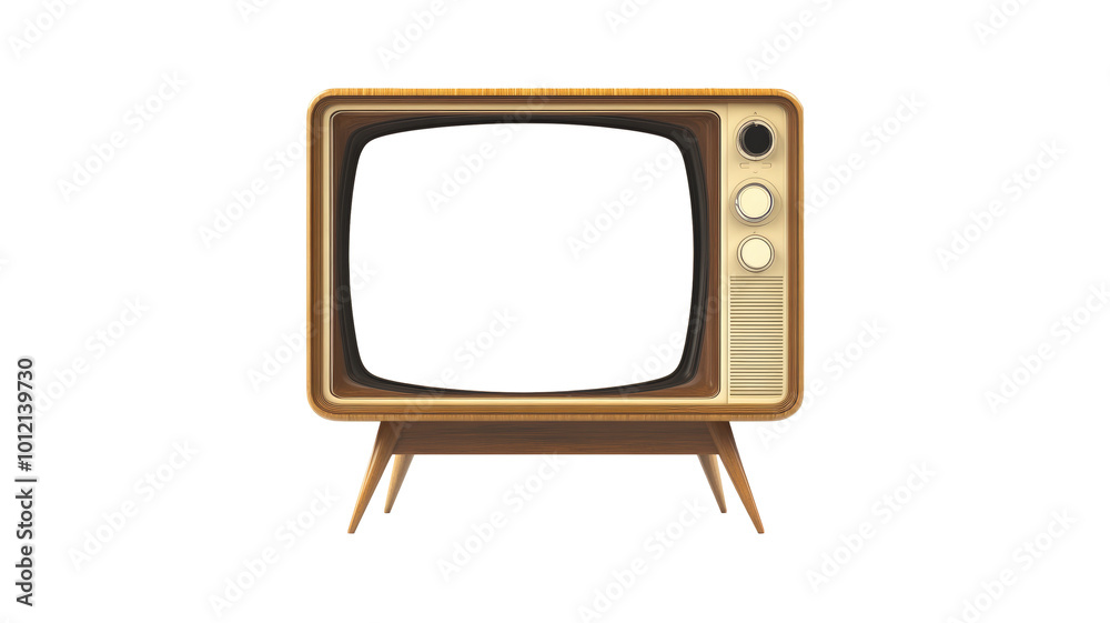 Vintage mid-century wooden television set with empty screen, retro design classic from the 1960s, isolated on white background, iconic home entertainment technology from the past.