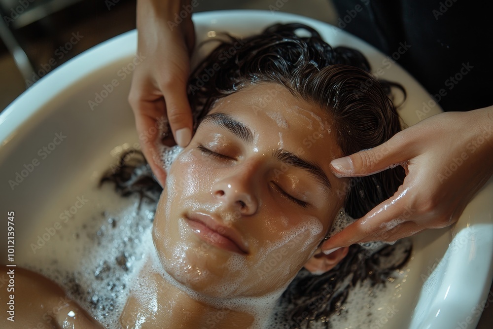 High angle closeup of hairstylist carefully washing hair of male client in beauty salon sink, Generative AI High angle closeup of hairstylist carefully washing hair of male client in beauty salon sink, Generative AI