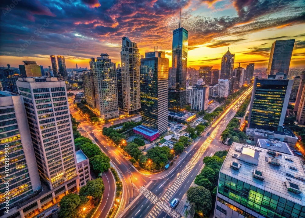 Obraz premium Dynamic Urban Landscape of a Busy City with Skyscrapers, Traffic, and Vibrant Street Life at Dusk