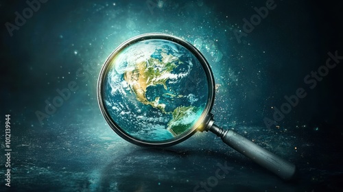 A magnifying glass focusing on the Earth, symbolizing exploration and discovery.