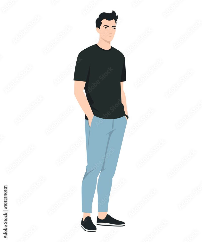 Vector illustration of a man. For a minimalist look, team a black t-shirt with light blue pants for an easy, casual look. Vector illustration of a man. For a minimalist look, team a black t-shirt with light blue pants for an easy, casual look.