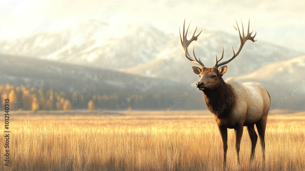 A majestic elk stands in a golden field with mountains in the background. A majestic elk stands in a golden field with mountains in the background.