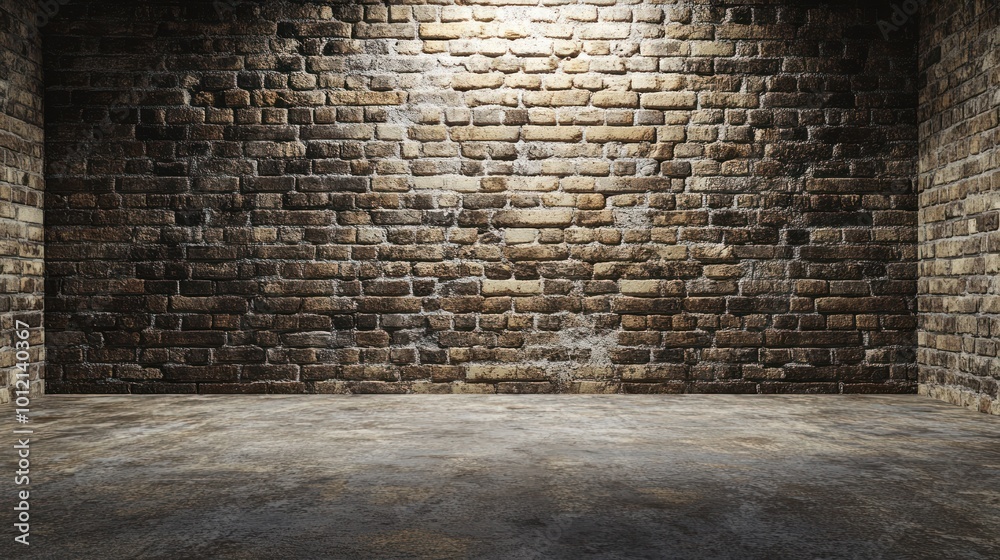 A dimly lit interior featuring textured brick walls and a concrete floor, ideal for events. A dimly lit interior featuring textured brick walls and a concrete floor, ideal for events.