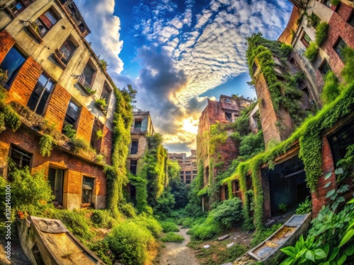 Dystopian Urban Landscape with Crumbling Buildings and Overgrown Vegetation in an Apocalyptic Setting