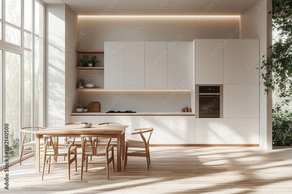 Light kitchen interior with dining and cooking space near window. Mockup frame, Generative AI Light kitchen interior with dining and cooking space near window. Mockup frame, Generative AI
