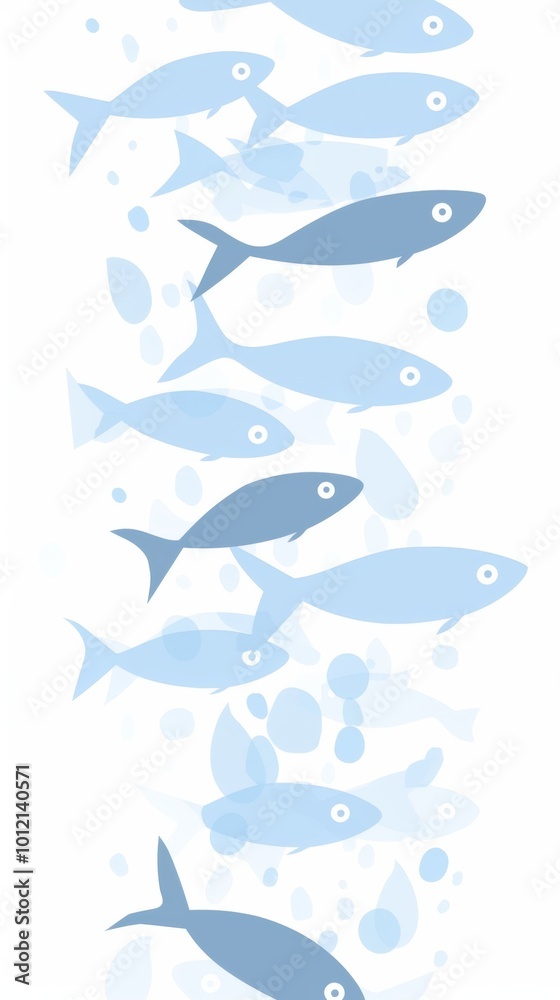 Minimalistic Flat Illustration of a School of Fish Swimming in the Ocean: Soft Blue Tones with Silver Ice Crystals on White Background Minimalistic Flat Illustration of a School of Fish Swimming in the Ocean: Soft Blue Tones with Silver Ice Crystals on White Background
