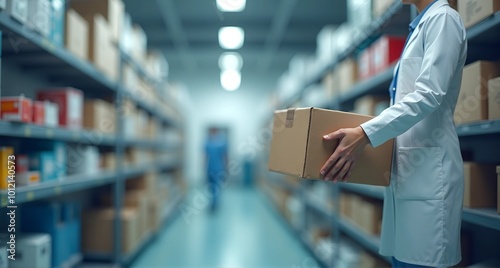 Professional in medical warehouse reaching for supplies

