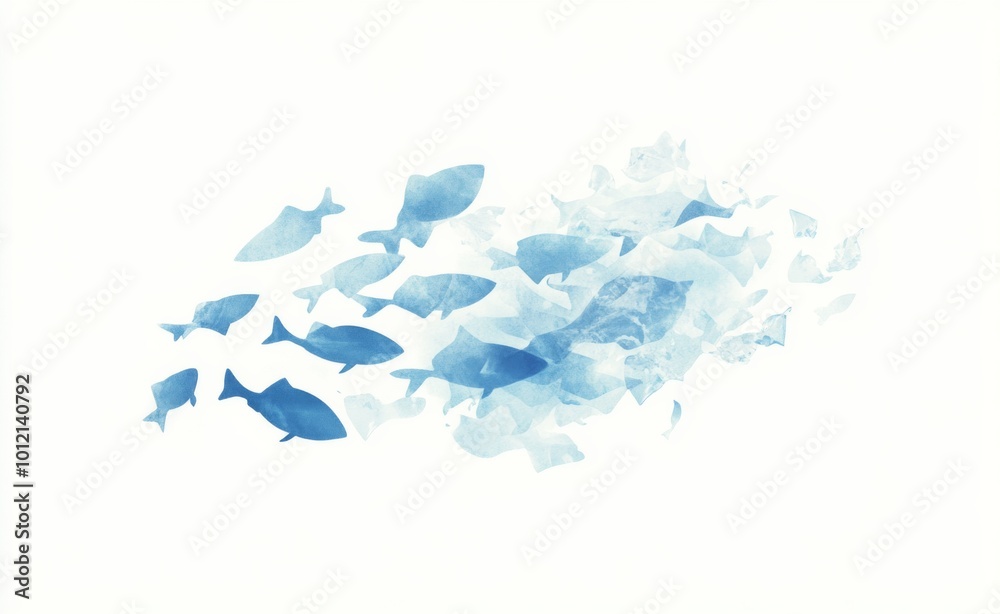 Fototapeta premium Minimalistic Flat Illustration of a School of Fish Swimming in the Ocean: Soft Blue Tones with Silver Ice Crystals on White Background