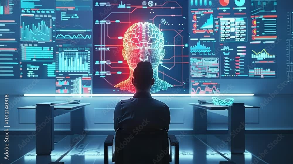Scientist is sitting, observing a large digital screen displaying a 3d model of a human brain, in a futuristic laboratory setting