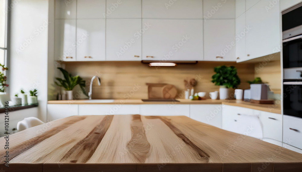 A blurred view of a modern kitchen with white furniture and a wooden table, creating a soft, contemporary atmosphere perfect for home and interior design visuals A blurred view of a modern kitchen with white furniture and a wooden table, creating a soft, contemporary atmosphere perfect for home and interior design visuals