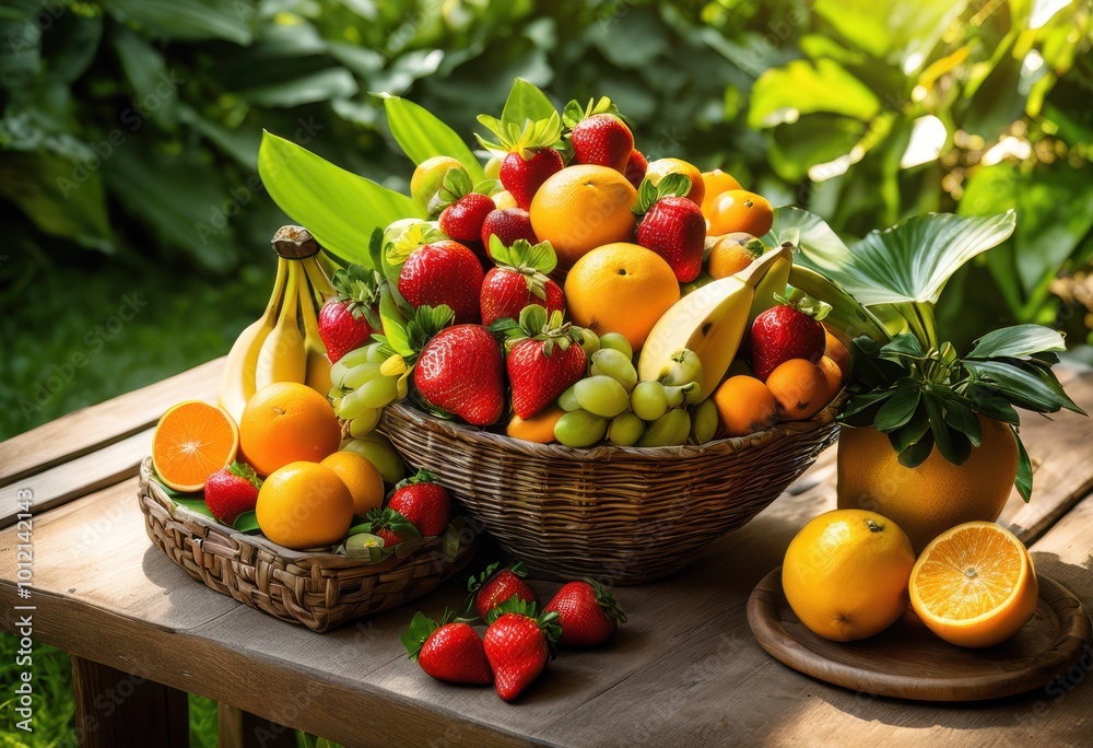 colorful display vibrant seasonal fruits arranged beautifully sun soaked table under bright natural light, apples, oranges, bananas, berries, grapes colorful display vibrant seasonal fruits arranged beautifully sun soaked table under bright natural light, apples, oranges, bananas, berries, grapes