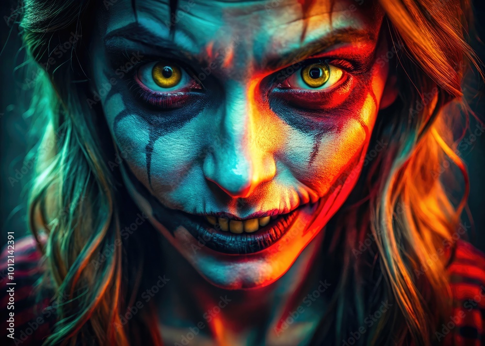 Eerie close-up of a terrifying face with haunting eyes and a sinister expression in dark lighting Eerie close-up of a terrifying face with haunting eyes and a sinister expression in dark lighting