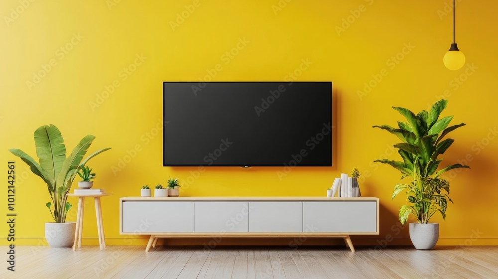 Contemporary Living Room with Television on Modern Cabinet and Green Plant in Stylish Interior Contemporary Living Room with Television on Modern Cabinet and Green Plant in Stylish Interior