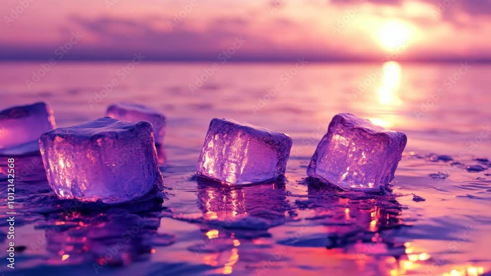 sunset with ice cubes on water surface, serene twilight effect. nature tranquility and chill concept