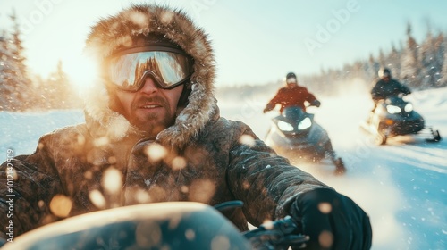 A dynamic scene of snowmobilers with reflective goggles zooming across sunlit snow, conveying energy, joy, and camaraderie amidst the winter wilderness. photo