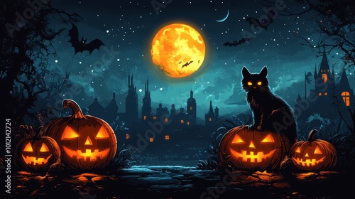 Halloween illustration with black cat, pumpkins, and bats 