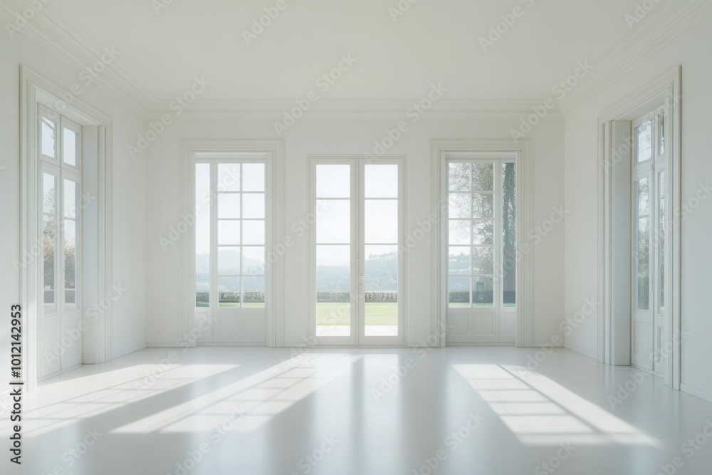 Fototapeta premium Elegant Interior Design of a Spacious White Living Room in Contemporary House