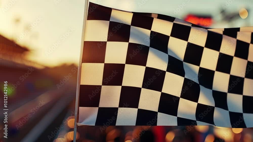 Exciting race finish with waving checkered flag, blurred track, cheering crowd, and golden hour light