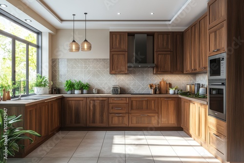 Modern kitchen interior with wooden cabinets and black countertop, open shelving, and silver fridge in a light background. 3D rendering, Generative AI