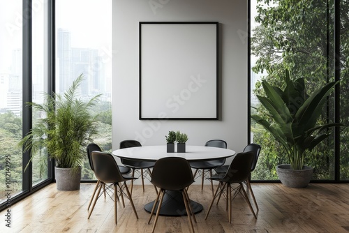 Modern dining room with a round table and black chairs, wooden floor, large windows with city view, and a blank picture frame on white wall, home interior design. 3D, Generative AI